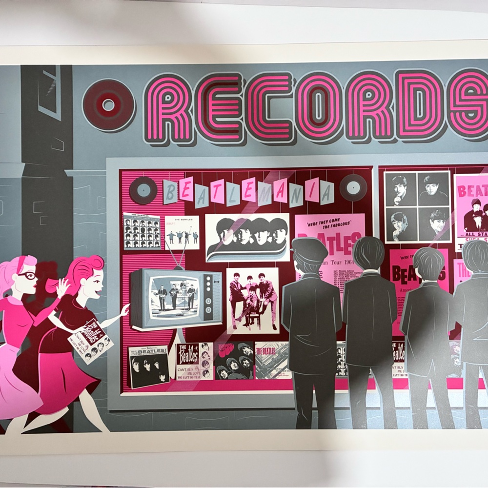 Beatles Record Store Art Print - Pink & Gray Poster